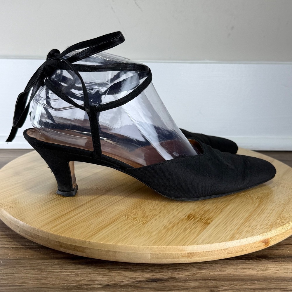 Vtg Giorgio Armani Kitten Heel Pump Women 40 Black Good Ankle Tie Italy